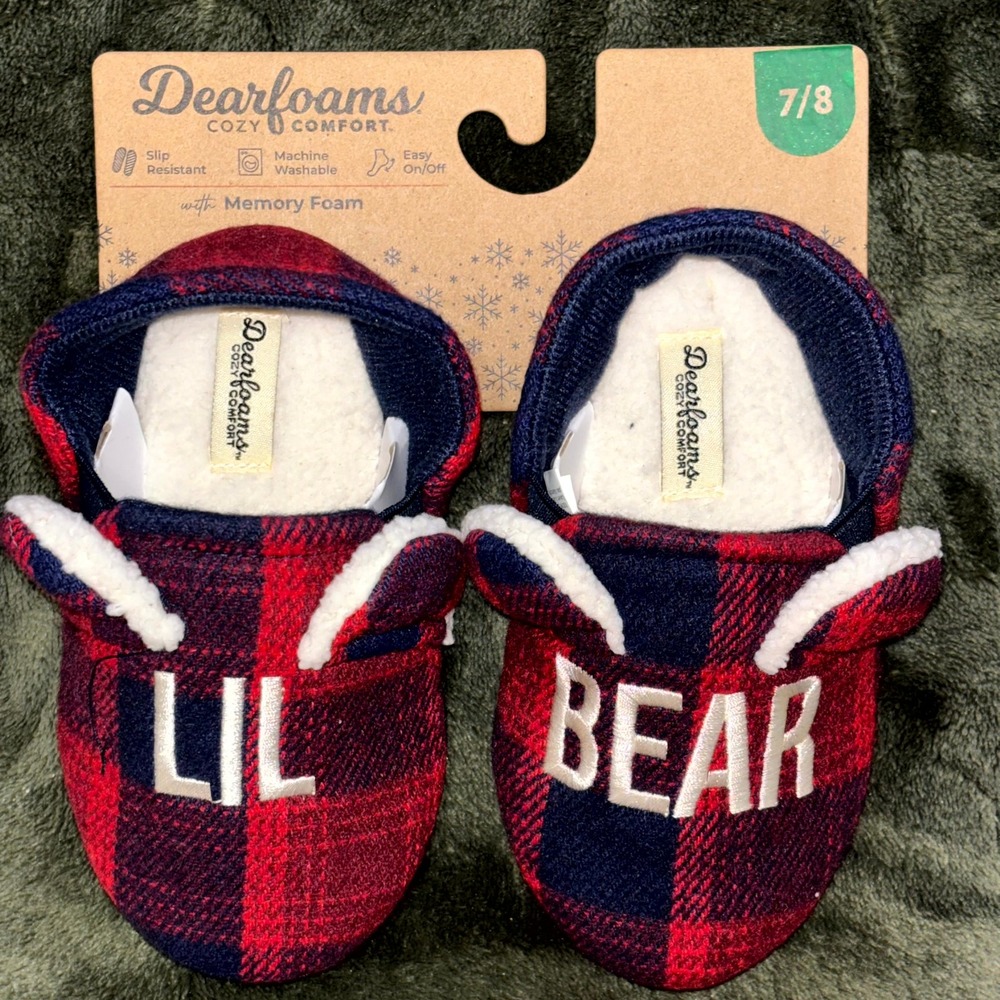 Dearfoams Lil Bear Slippers Kids 7-8 Red Blue Plaid Cozy Comfort Memory Foam